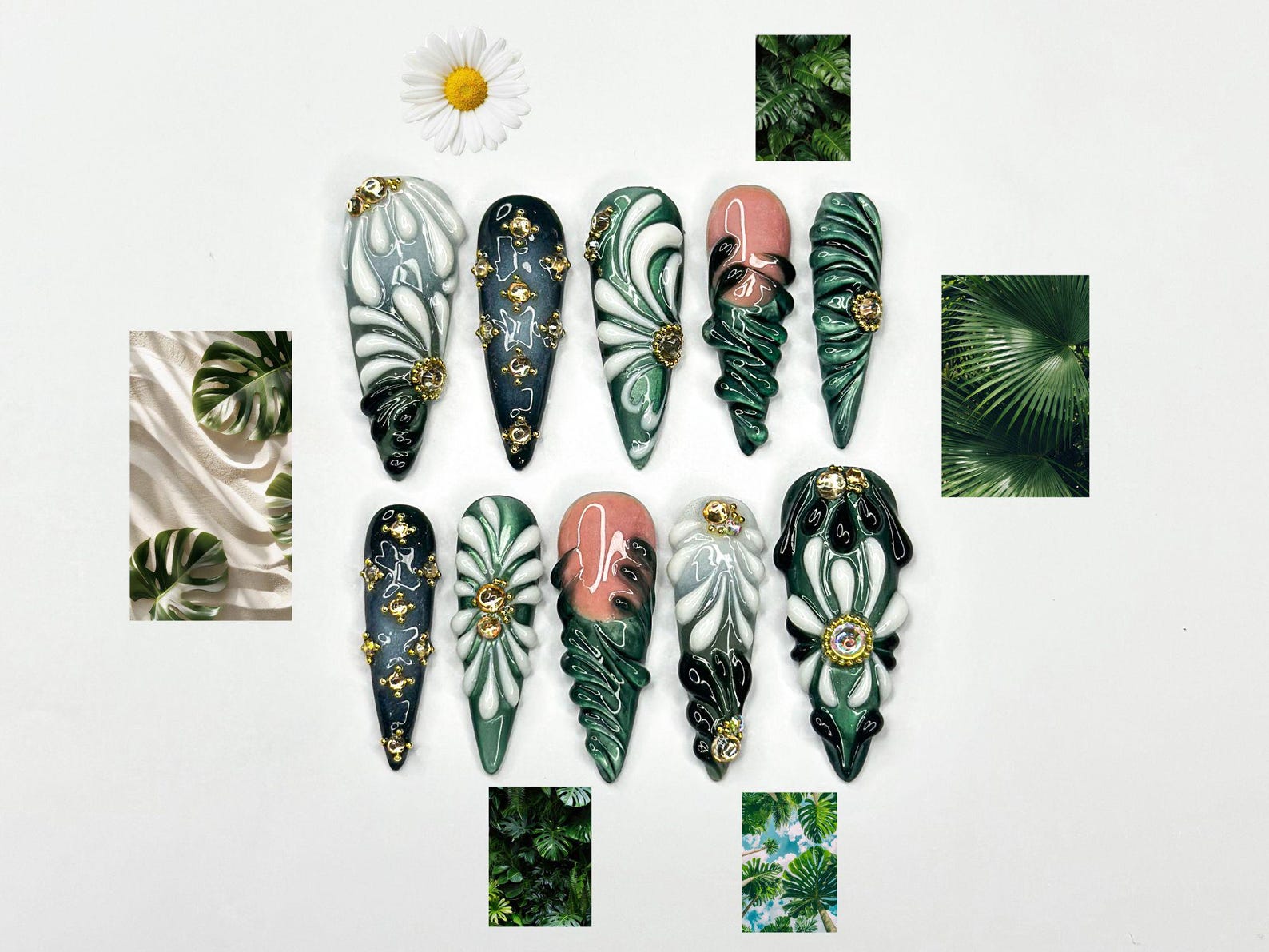 Green Black Press On Nails with 3D Floral and Gold Detail | Elegant Botanical Nails in Almond Shape | Luxury Nails | JB356NC