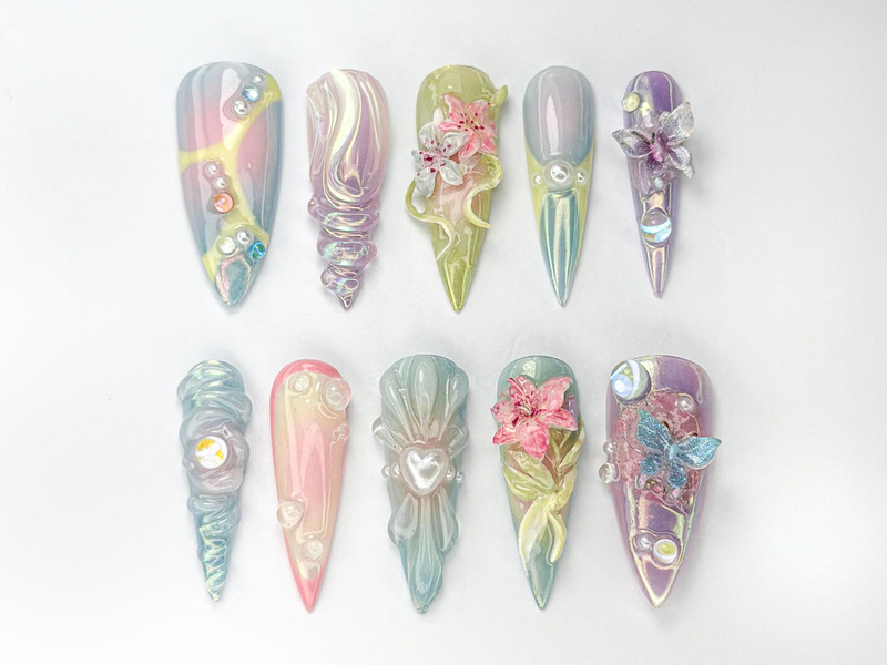 Fairycore Pastel Press-On Nails | Pastel Nature-Inspired Nail | Dreamy Iridescent Design | Butterfly 3D Nail Art | Nature-Inspired | JB730HK