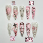 3D Pink Gothic Cyber Nails | Silver Chrome Cross Press Ons | Ethereal Grunge Liquid Metal Nails | Y2K Punk Butterfly Press Ons | JB362IC