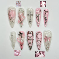 3D Pink Gothic Cyber Nails | Silver Chrome Cross Press Ons | Ethereal Grunge Liquid Metal Nails | Y2K Punk Butterfly Press Ons | JB362IC