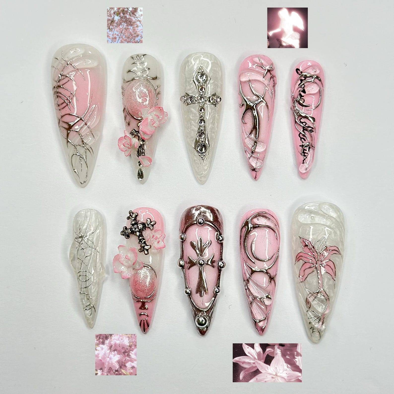3D Pink Gothic Cyber Nails | Silver Chrome Cross Press Ons | Ethereal Grunge Liquid Metal Nails | Y2K Punk Butterfly Press Ons | JB362IC