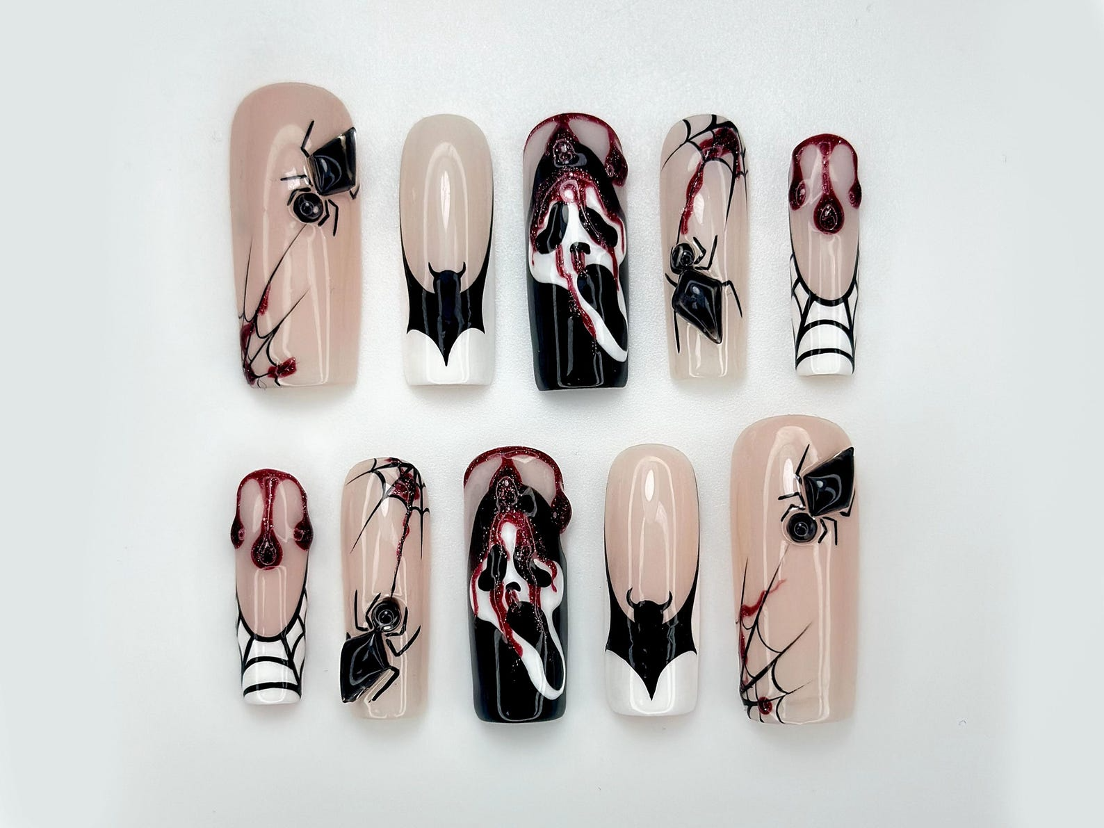 Gothic Spider Web Press On Nails | 3D Black Widow and Blood Drip Art | Scream Ghost & Webbed Bat Design | Halloween Horror Nail | JB980EC