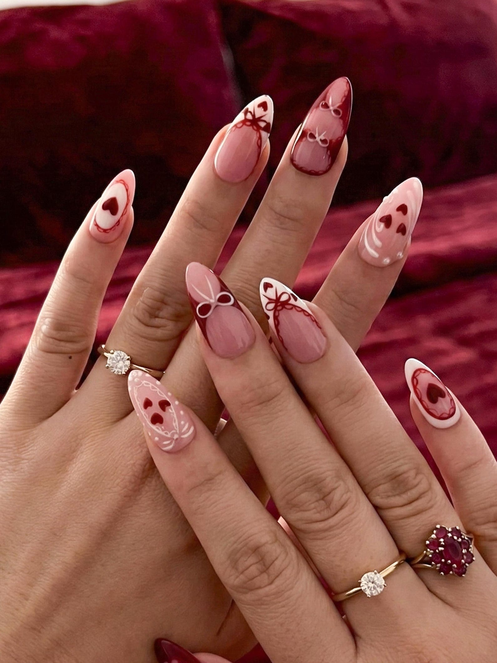 Press On Nails Adhesive Tabs ?M?Pink Red Heart & Bow Design Long Almond Handmade Fake Nails for Valentine Gift