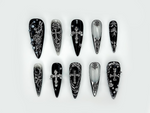 Gothic Cross Elegance Press On Nails | Black & Silver 3D Nail Art | Intricate Crosses And Pearls | Dark Gothic Fantasy Nails |HB1045EP