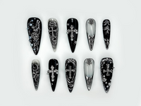 Gothic Cross Elegance Press On Nails | Black & Silver 3D Nail Art | Intricate Crosses And Pearls | Dark Gothic Fantasy Nails |HB1045EP