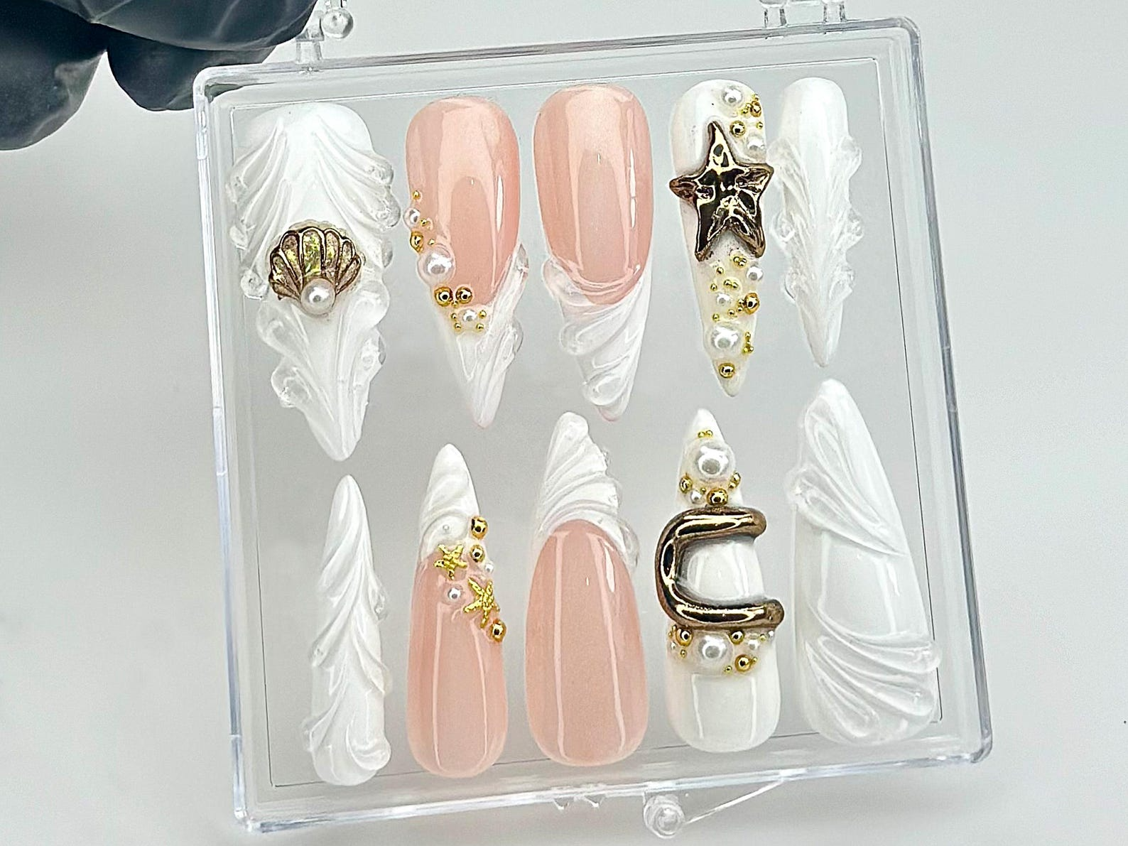 Pearl Starfish Shell Press On Nails by dorynail | Ocean Theme 3D Press Ons | Mermaid Bride Fake Nails | Pearl Bridal Nail Art | HC849YC
