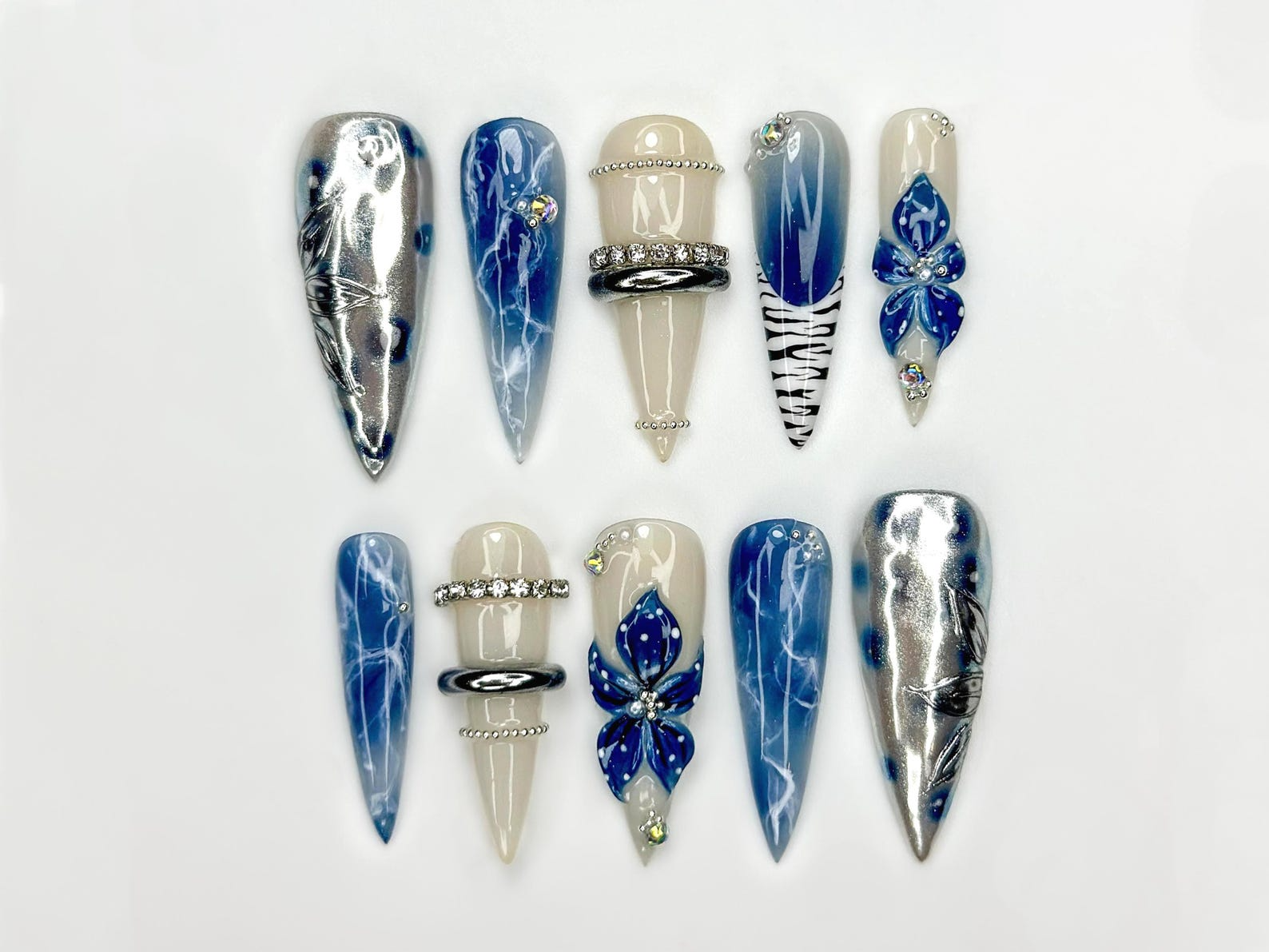 Blue Marble Blossom Press On Nails for Spring Blue | Handmade Nude & Sapphire Nails with Floral Art | Elegant Stiletto Nail Design |JB2890EC