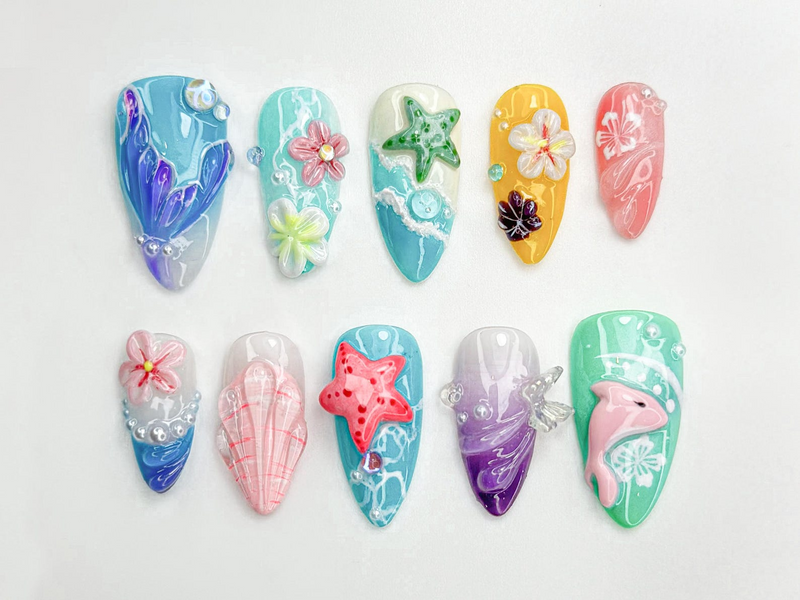 Tropical Starfish Press On Nails | Summer Ocean Beach Nail Set | 3D Starfish & Hibiscus Nail Art | Vibrant Mermaidcore Press Ons | JB794HC