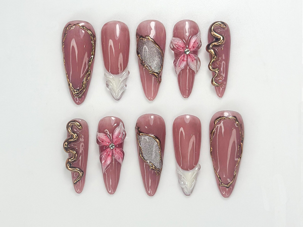 Press On Nails Adhesive Tabs ?M?Nude Red Heart & Glitter Bow Design Long Almond Handmade Fake Nails for Valentine Gift