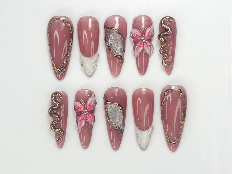 Press On Nails Adhesive Tabs ?M?Nude Red Heart & Glitter Bow Design Long Almond Handmade Fake Nails for Valentine Gift