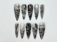 Press On Nails Adhesive Tabs ?M?Black Silver Chrome Abstract Art Long Stiletto Handmade Fake Nails for Gothic Futuristic Look
