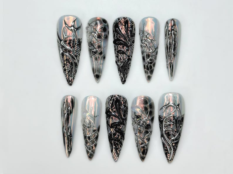 Press On Nails Adhesive Tabs ?M?Black Silver Chrome Abstract Art Long Stiletto Handmade Fake Nails for Gothic Futuristic Look