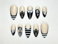 Gothic Family Press On Nails | Black & White Vintage Nail Art | Handmade Gothic Nails | Halloween Creepy Press Ons | Spooky Nails | JB163HK