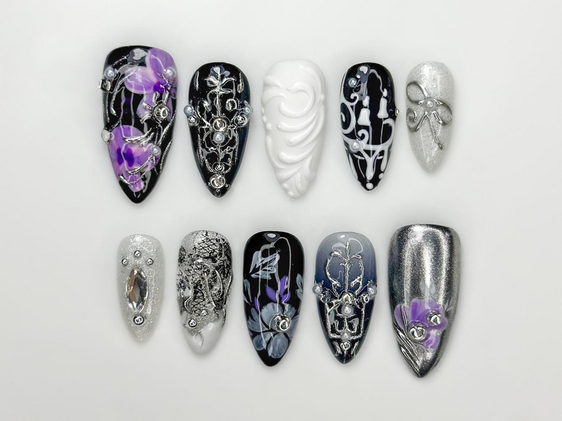 Gothic Violet Chrome Press On Nails | Black Silver Luxury Nails | 3D Baroque Floral Nails | Dark Elegant Nails | JC310HC