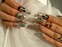 Glitter Web Glam Press On Nails | Sparkling Halloween Spider Nails | 3D Gold Spider & Web Nail Art | Long Coffin Glitter Nails | HB1079EC