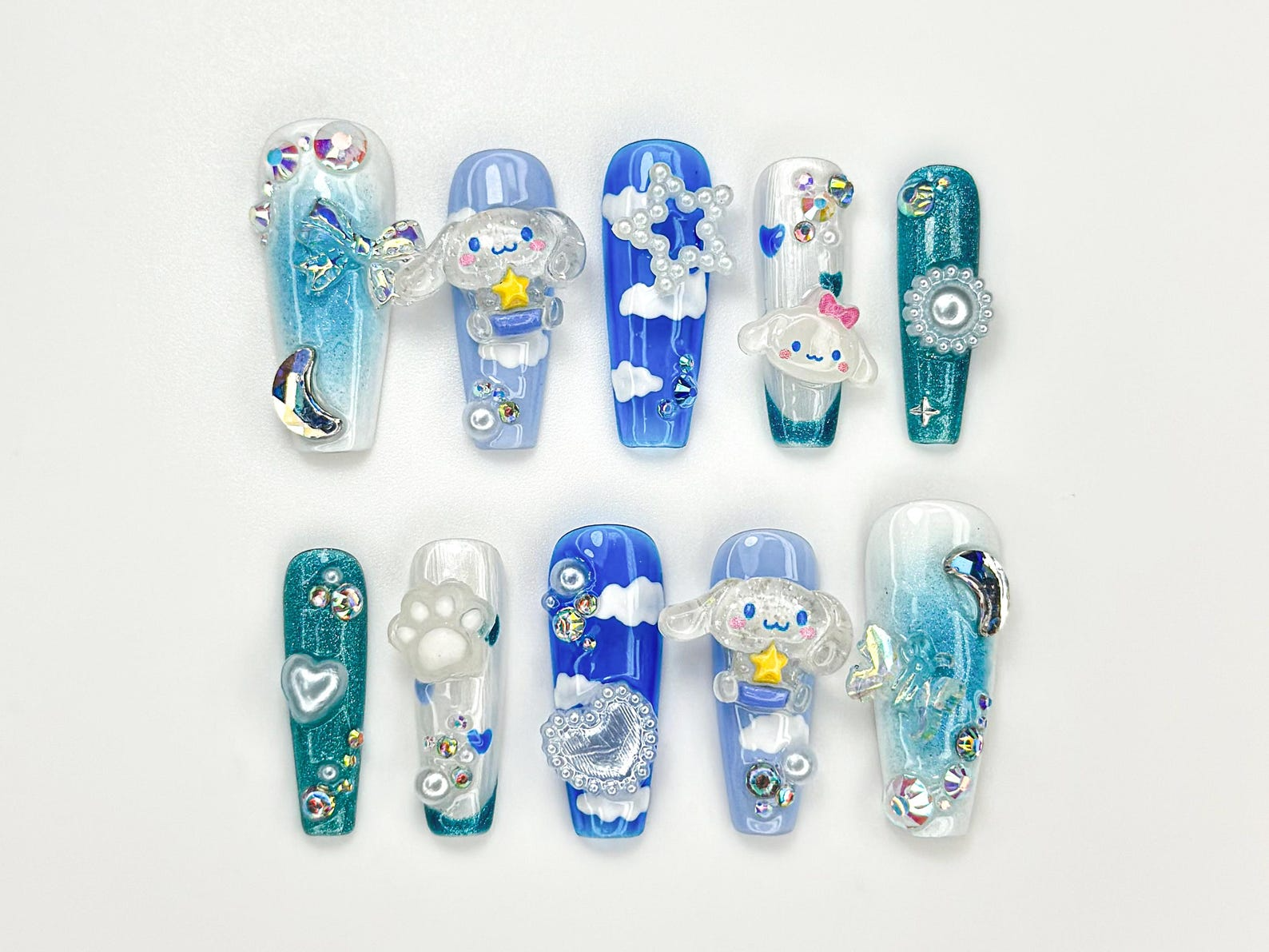 Kawaii Puppy Cloud Press On Nails | Blue Sky Nail Art | 3D Cloud & Star Resin Nails | Dreamy Pup-Inspired Press Ons | Cute Nails| JB925HC