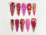 Midnight Sun Aesthetic Press On Nails, 3D Purple Seashell and Hibiscus Floral Nails, Maximalist Tropical Y2K Luxury Fake Nails, HB1287HK