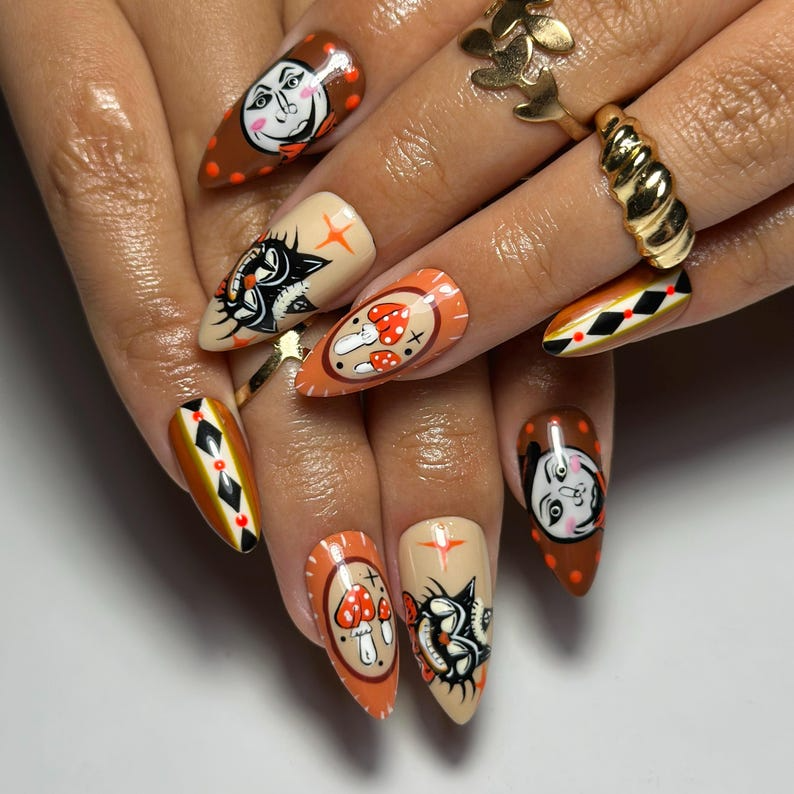 Halloween Press On Nails | Hand Painted Vintage Clown & Cat Nail Set | Retro Mushroom Fake Nails