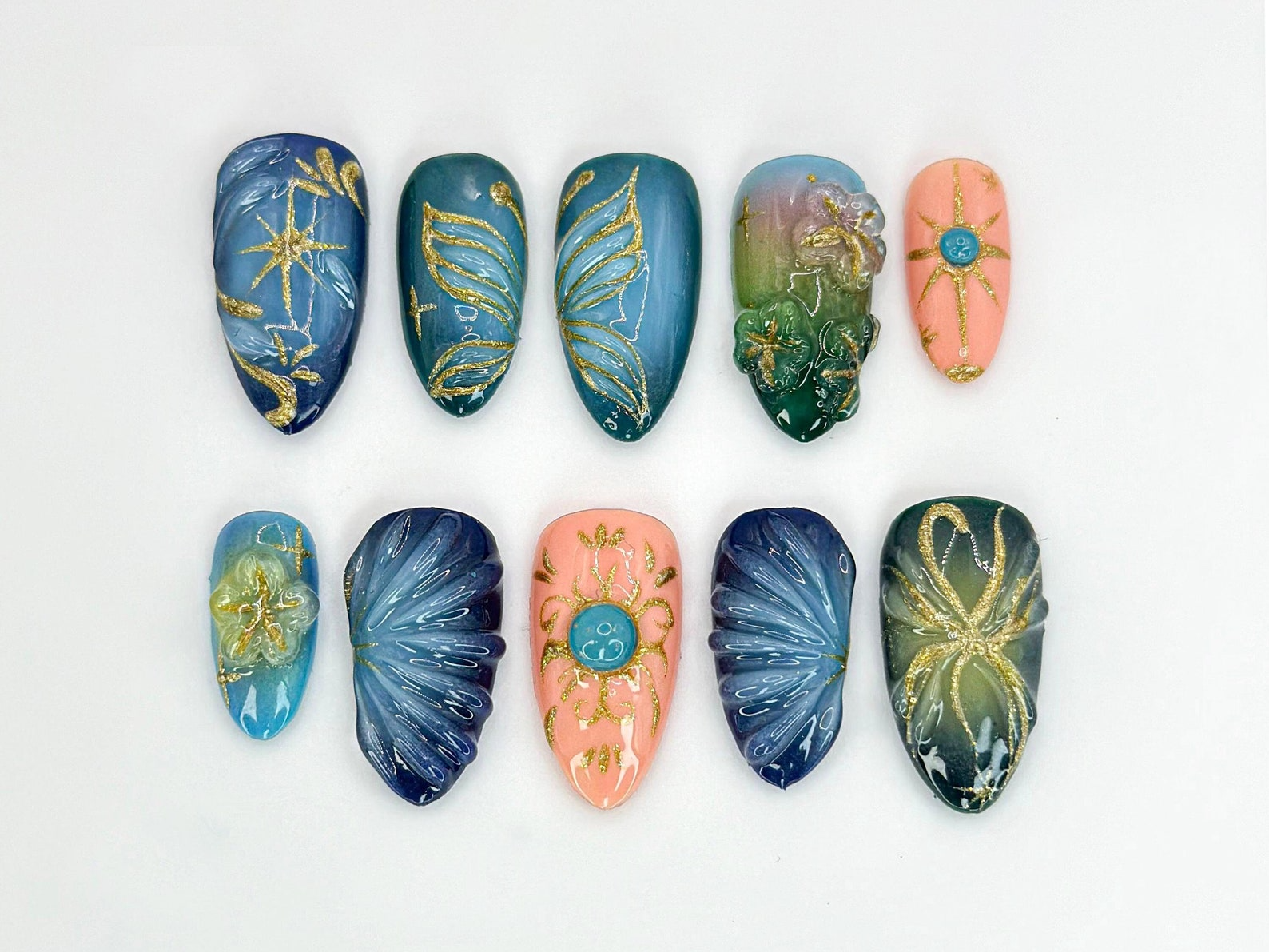 Elegant Chic Butterfly Press On Nails | Celestial Nail with Gold and Blue Accents| Blue and Gold Butterfly Nail Art with 3D Details |JC642HK