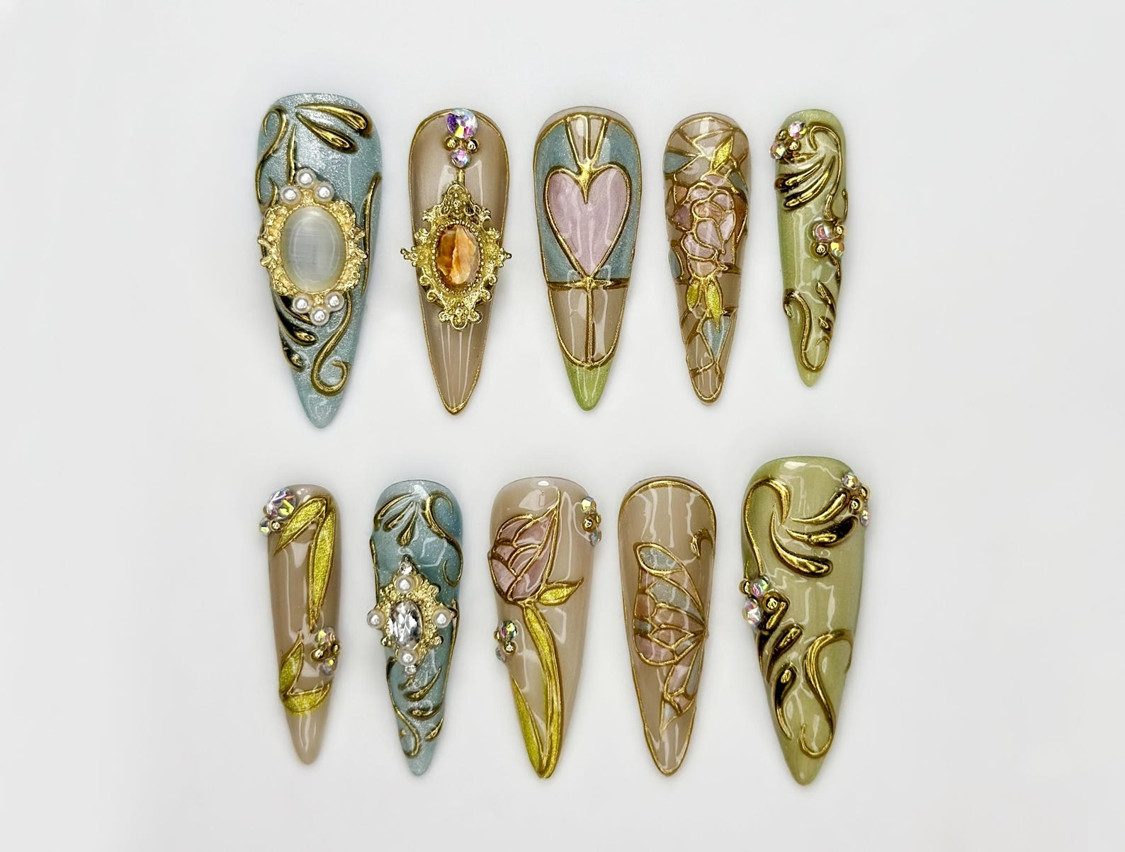Baroque Stained Glass Press On Nails | Vintage Luxury Heart Nails | Handmade Victorian Aesthetic Nails | Handmade Stiletto Press Ons|JB311HC