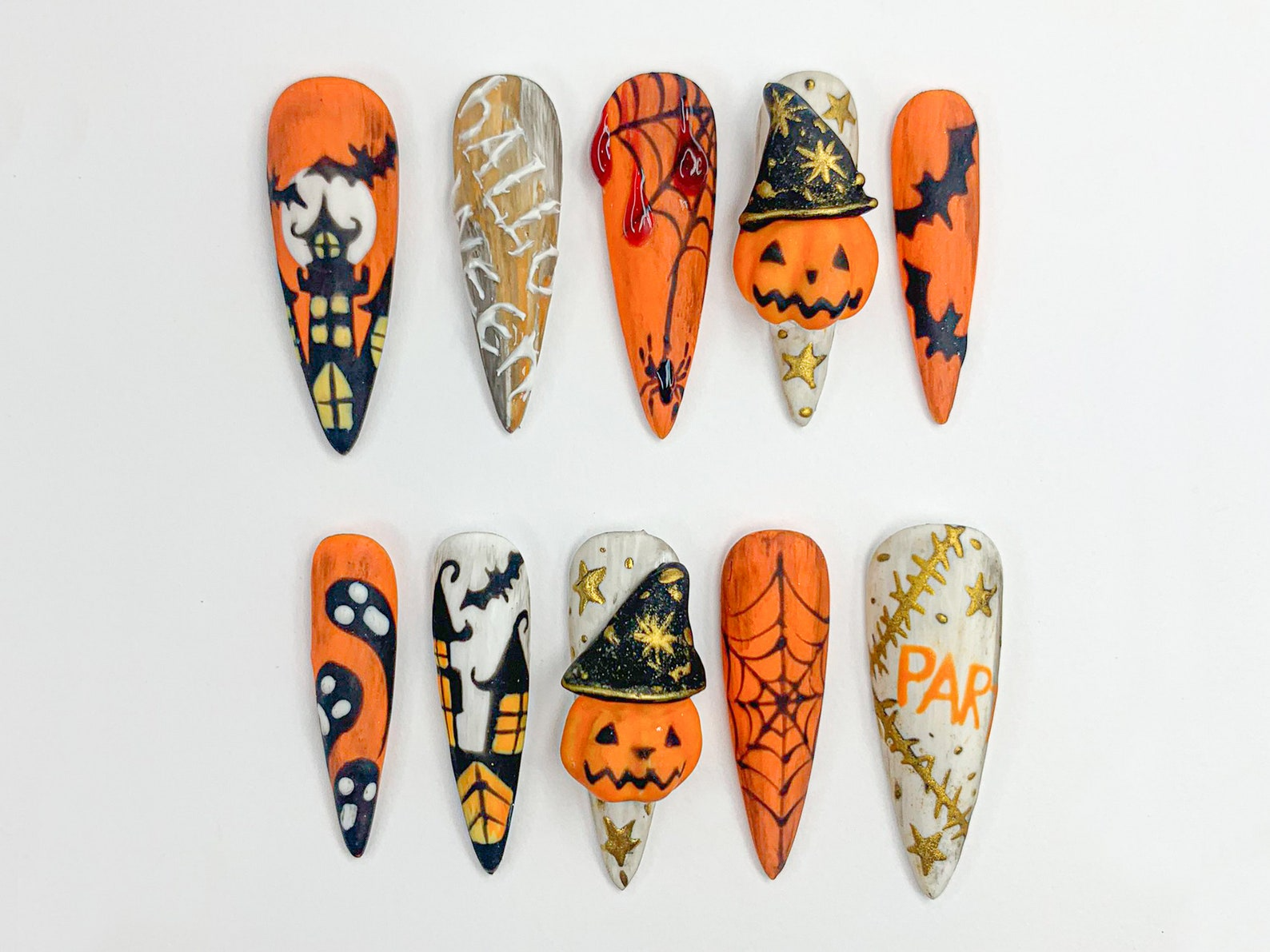 Combo Spooky Halloween Press On Nails | 3D Haunted House Nail Art | Pumpkin, Ghost & Skull Nails | Handmade Creepy Cute Nail Set