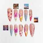 2026 Festival Trend: Hibiscus Tropical Nails | Sunset Glow Pink &Orange Ombre Nails|Flower Press Ons |Water Drop Summer Vacay Nails|JB364IC