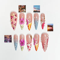 2026 Festival Trend: Hibiscus Tropical Nails | Sunset Glow Pink &Orange Ombre Nails|Flower Press Ons |Water Drop Summer Vacay Nails|JB364IC
