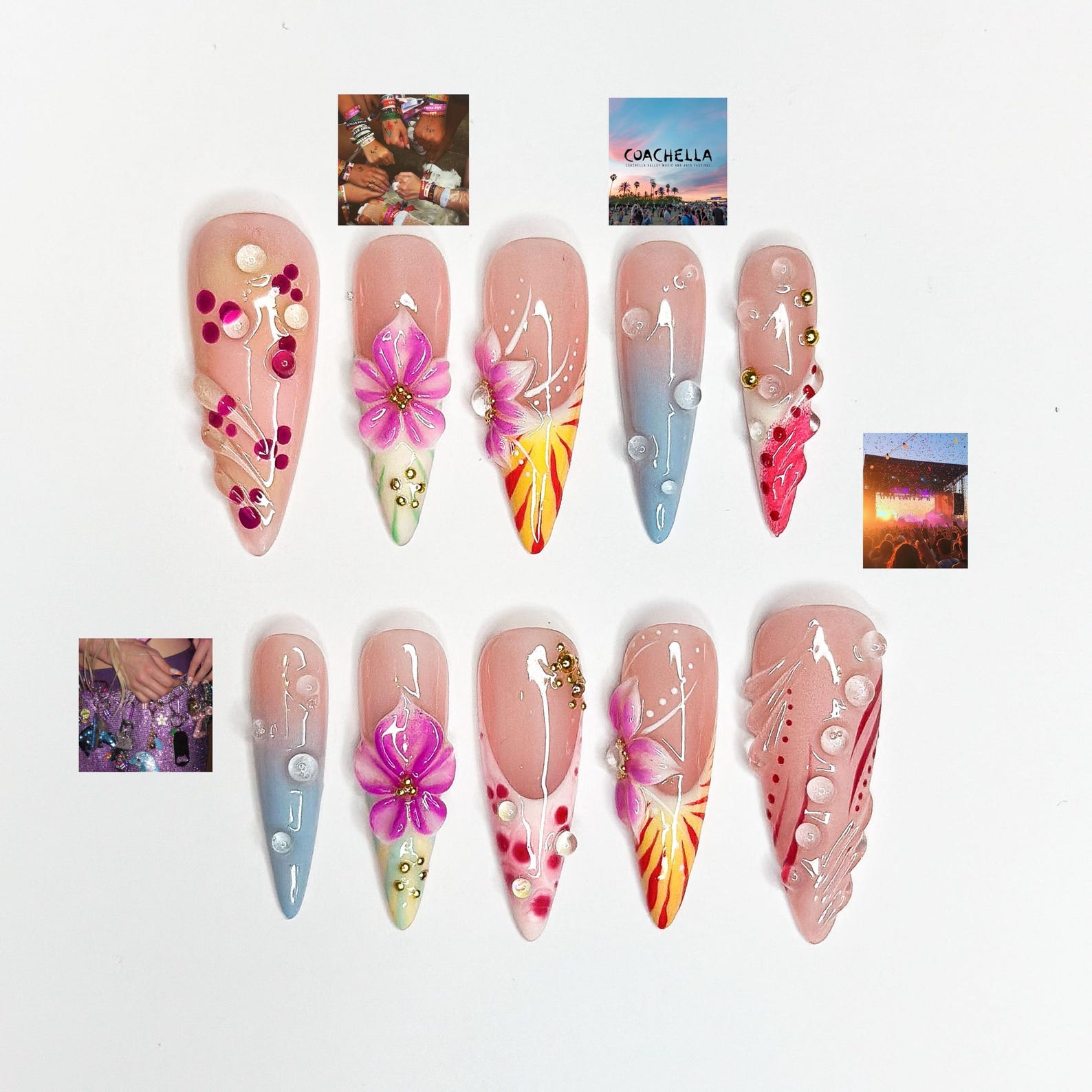 2026 Festival Trend: Hibiscus Tropical Nails | Sunset Glow Pink &Orange Ombre Nails|Flower Press Ons |Water Drop Summer Vacay Nails|JB364IC