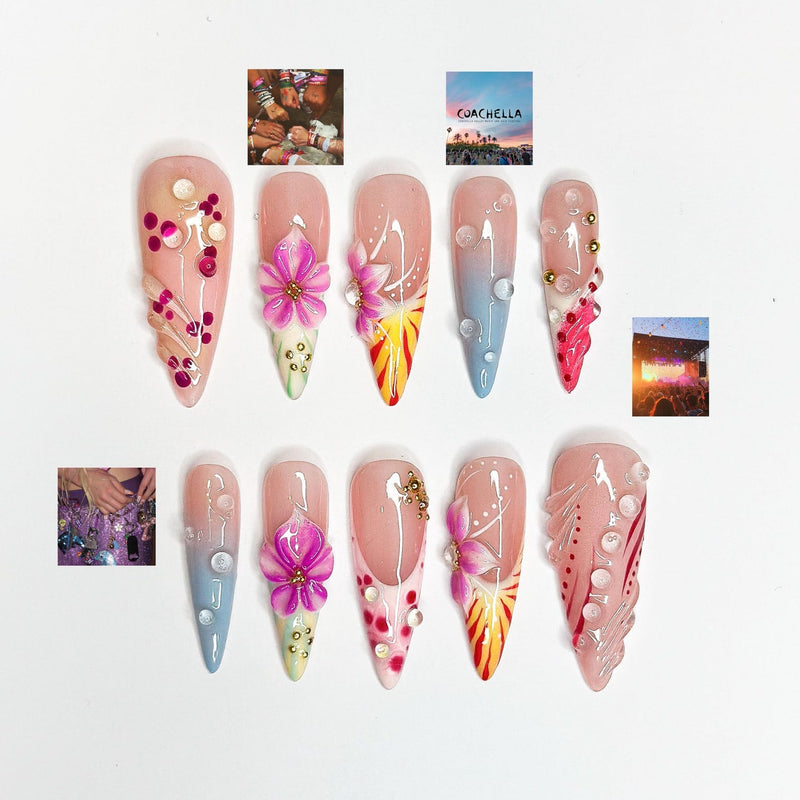 2026 Festival Trend: Hibiscus Tropical Nails | Sunset Glow Pink &Orange Ombre Nails|Flower Press Ons |Water Drop Summer Vacay Nails|JB364IC