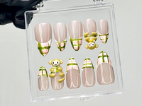 Kawaii Monkey Press On Nails | 3D Animal Fake Nails | Plaid & Monkey Nail Art | Pastel French Tips Press Ons | Kawaii Nails | HB908YC