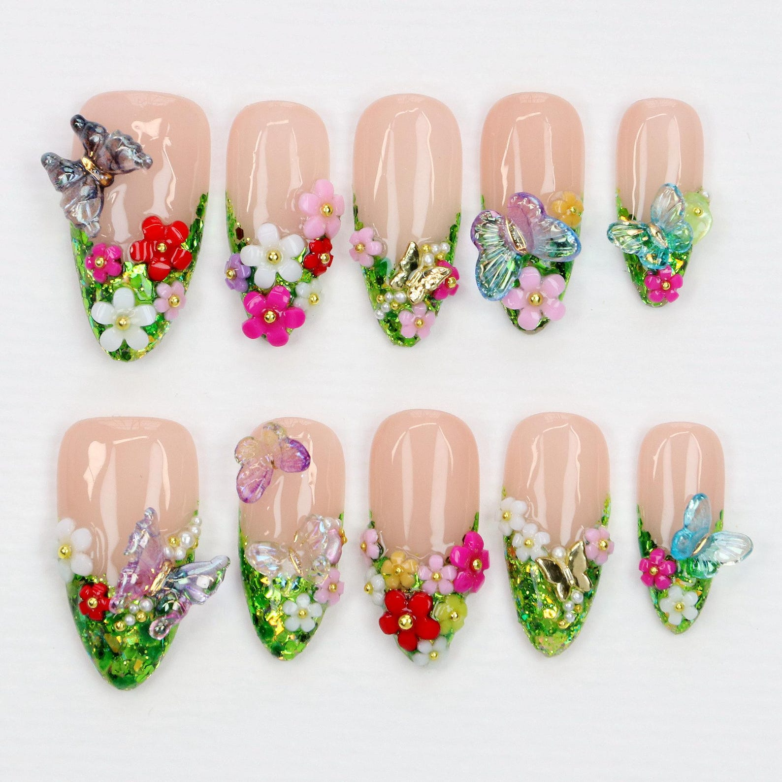 Green Glitter Press On Nails | Handcrafted Freestyle Forest-Inspired Secret Garden Nails | Custom 3D Butterfly Floral Fake Nails Art | Y2K Gifts