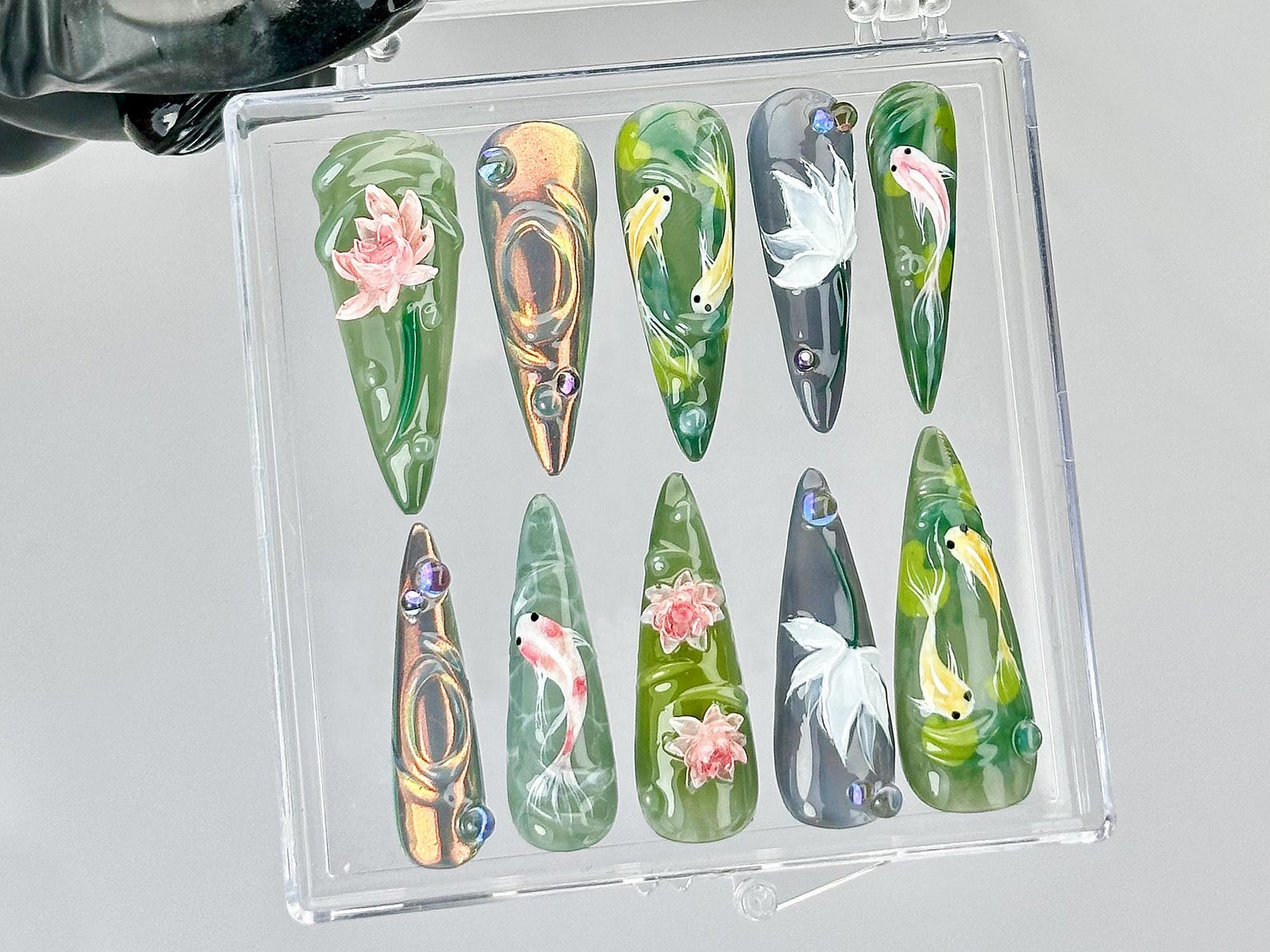 Koi Fish Nail Art by DoryNails | Japanese Pond Acrylic Nails | Water Garden Nail Art | Zen Inspired Fake Nails | Nature Aesthetic | HB808YK
