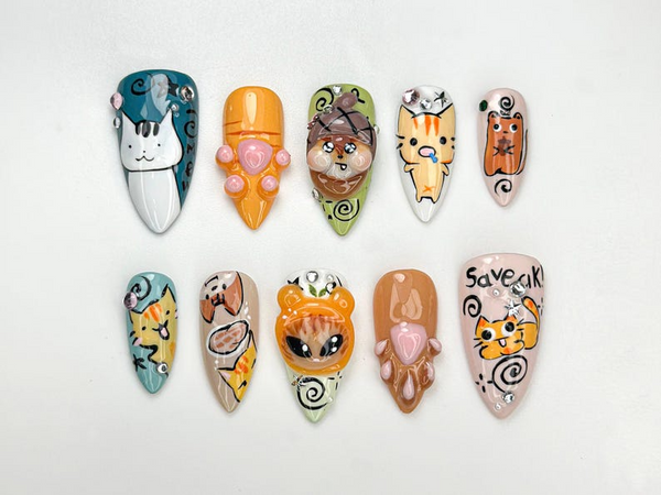 Whimsical Cartoon Kitty Press On Nails | 3D Cat Paw & Animal Faces | Cute Cartoon Pet Press Ons | Handmade Kawaii Nail Set | JB953H