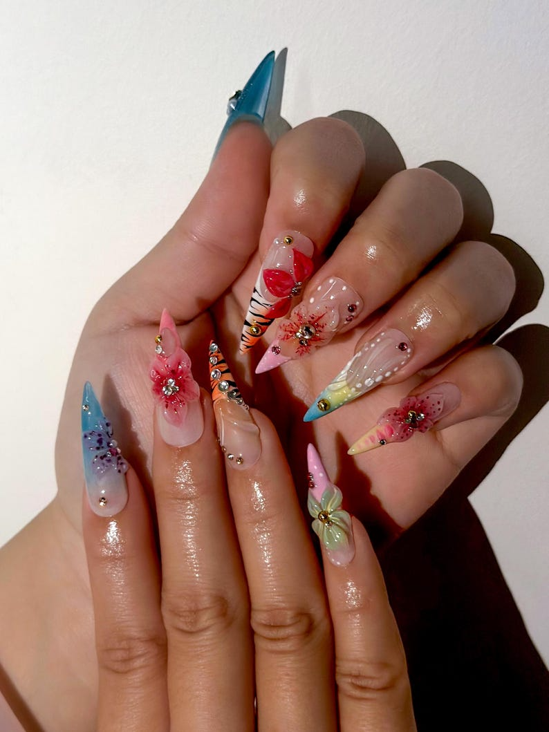 Spring Blossom Fantasy Press On Nails | Colorful Floral Spring Nails | Pastel Garden Stiletto Nails | Fresh Spring Bloom Art Nails |DB1011EC