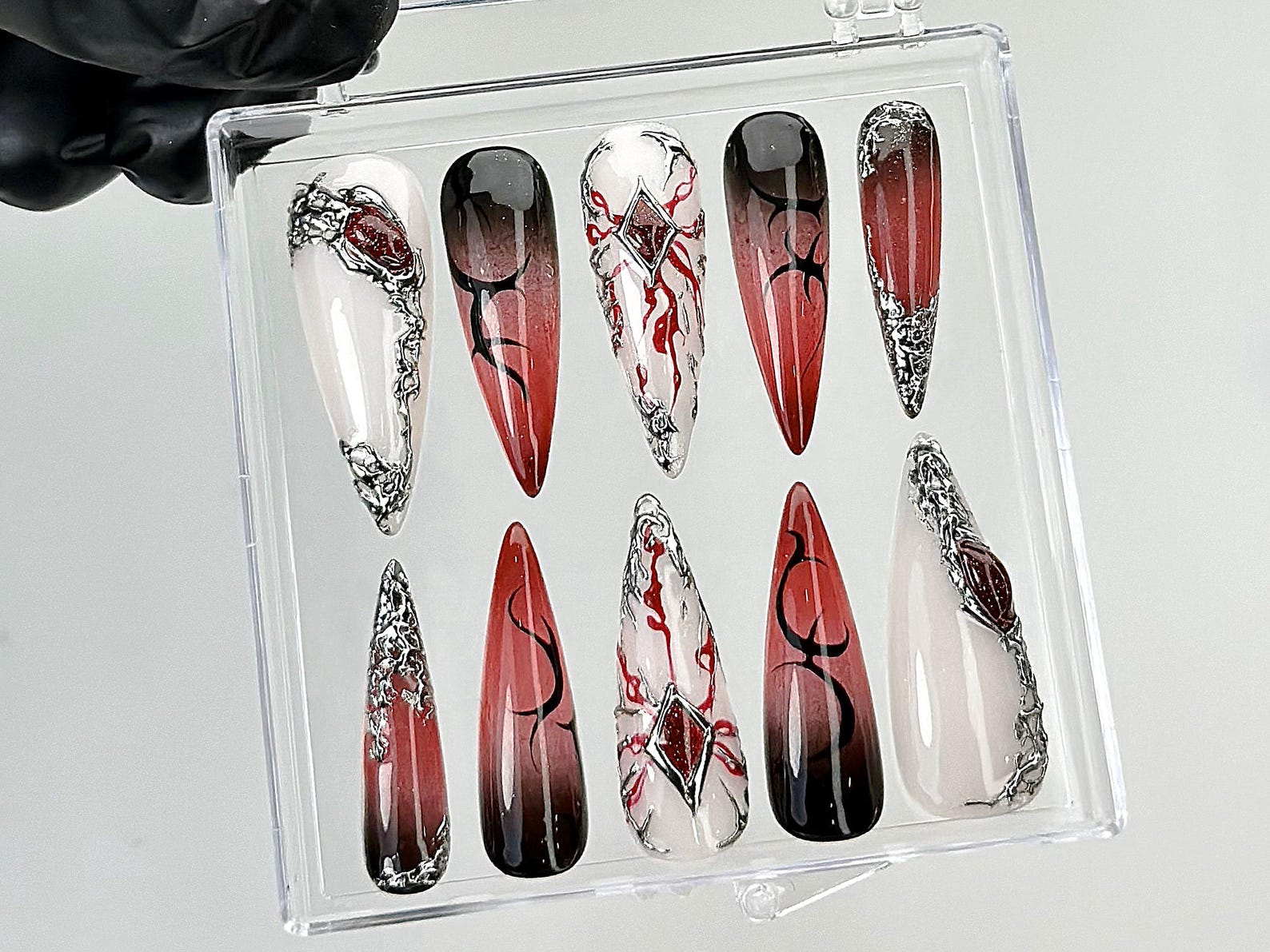 Gothic Fantasy Press On Nails | Dark Glam Fake Nails | 3D Red & Black Flame Nail Art | Handmade Dark Press Ons | Blood Nail Art | HB879YC