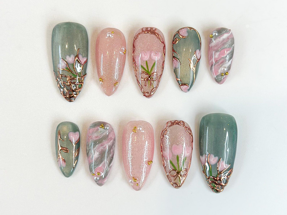 Vintage Tulip Press On Nails, Sage Green and Pink Marble Nails with Gold Rose Frame, Elegant Floral Hand-Painted Custom Nails, JB307HK