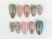 Vintage Tulip Press On Nails, Sage Green and Pink Marble Nails with Gold Rose Frame, Elegant Floral Hand-Painted Custom Nails, JB307HK