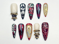 Gothic Rose Heart Press On Nails | 3D Black Red Gold Nails | Handmade Gothic Vampire Glam Nail Set | Black Stiletto Press Ons | JB775HC