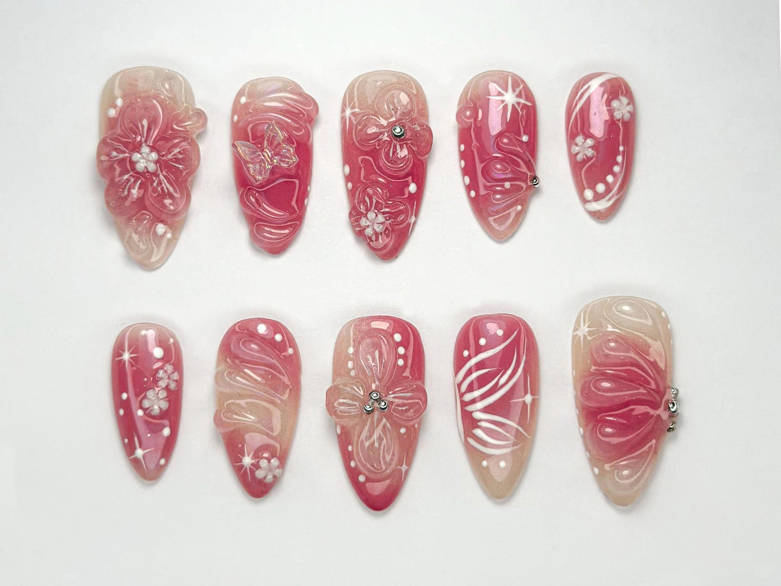 Blush Pink Floral Press On Nails | Soft Glitter Blossom Nail Set |Elegant Spring Nails | 3D Flower Nude Nail Tips | Everyday Glam | JC755HP