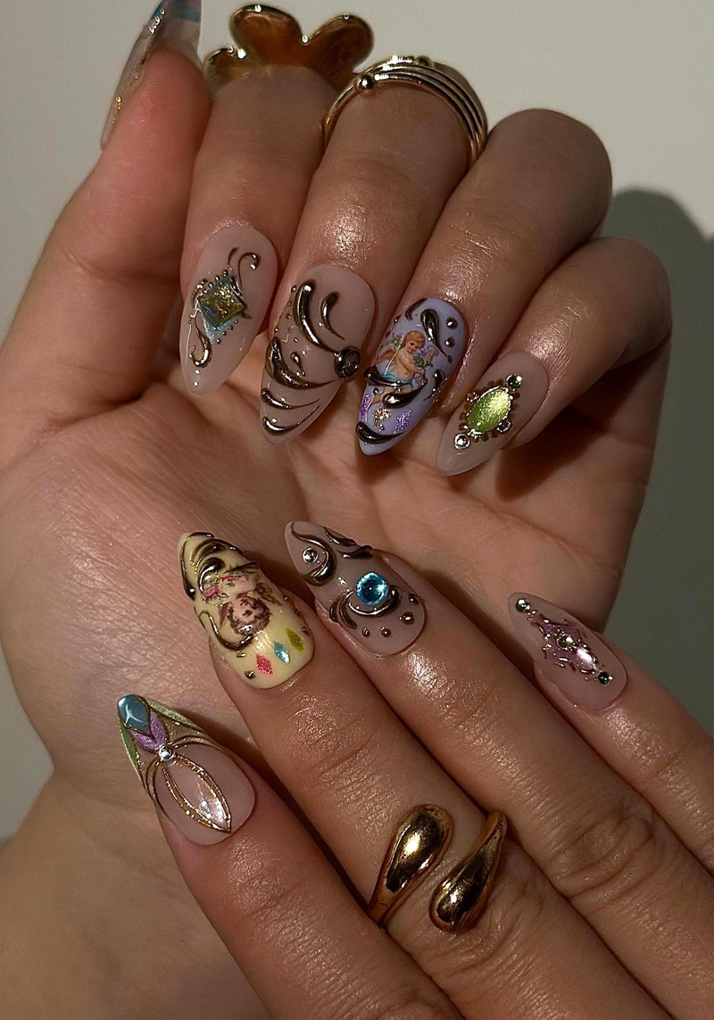 Baroque Angel Press On Nails for Vintage Lovers | Angel Art Nude Nails | Gold Scroll Luxury Press Ons | Antique Aesthetic Nails | DB1009HC