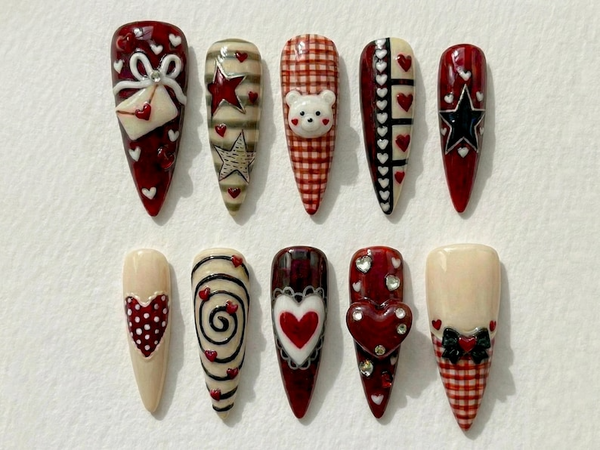 Nail Tabs for Press On Nails ?M?Cherry Heart Teddy Gingham Nude Red Valentine Nails