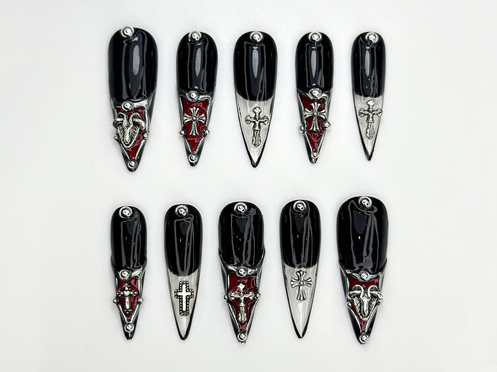 Gothic Cross Tip Press On Nails | Vampire Red & Black Nails | Gothic Triangle Accent Nails | Religious Symbol Nails | Dark Glam Nail| JC865H