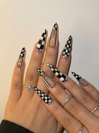 Black & White Gothic Press On Nails | Luxury Girl Stiletto Nail Art | Gold Accent Checker Nails | High Fashion Press Ons | HB1264EC