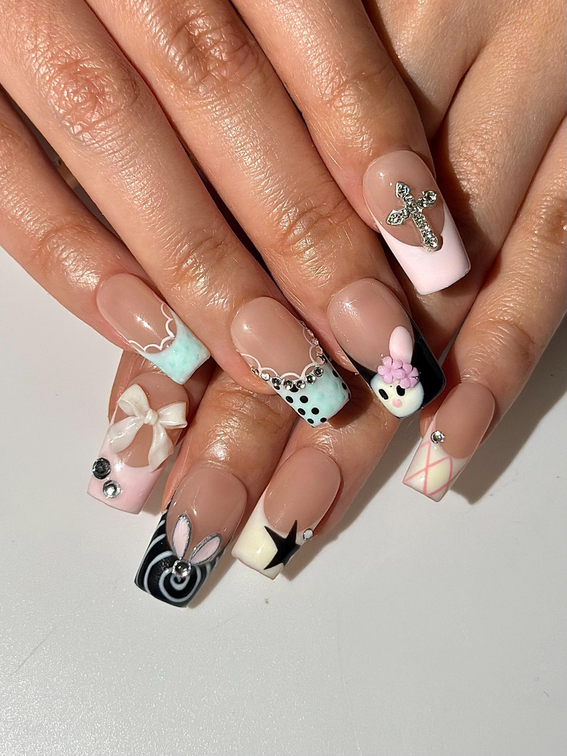 Easter Bunny Cross Press On Nails | Cute 3D Rabbit French Tips | Pastel Spring Kawaii Nails | Pink Black Set | Handmade Press Ons | DC1033HC