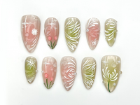 Dewdrop Meadow Press On Nails | Pastel Green & Pink Shimmer | Hand-Painted Floral Line Art and Crystal Accents | JB987EK