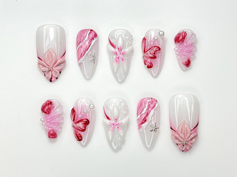 Blush Bloom Pink Press On Nails | 3D Pink Petal & Pearl Nail Art | Elegant Floral Gradient Nails | Romantic Nail | Soft Pink Nails | JC980HC