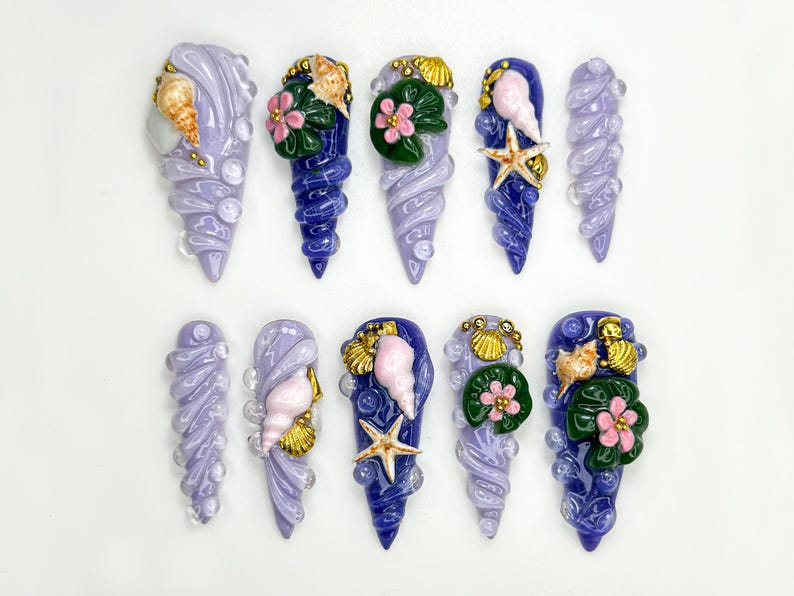 Mermaid Shell Spiral Press On Nails | Ocean-Inspired 3D Nail Art | Seashell Starfish Lilac Nails | Fairycore Beach Nail Set | JB861H