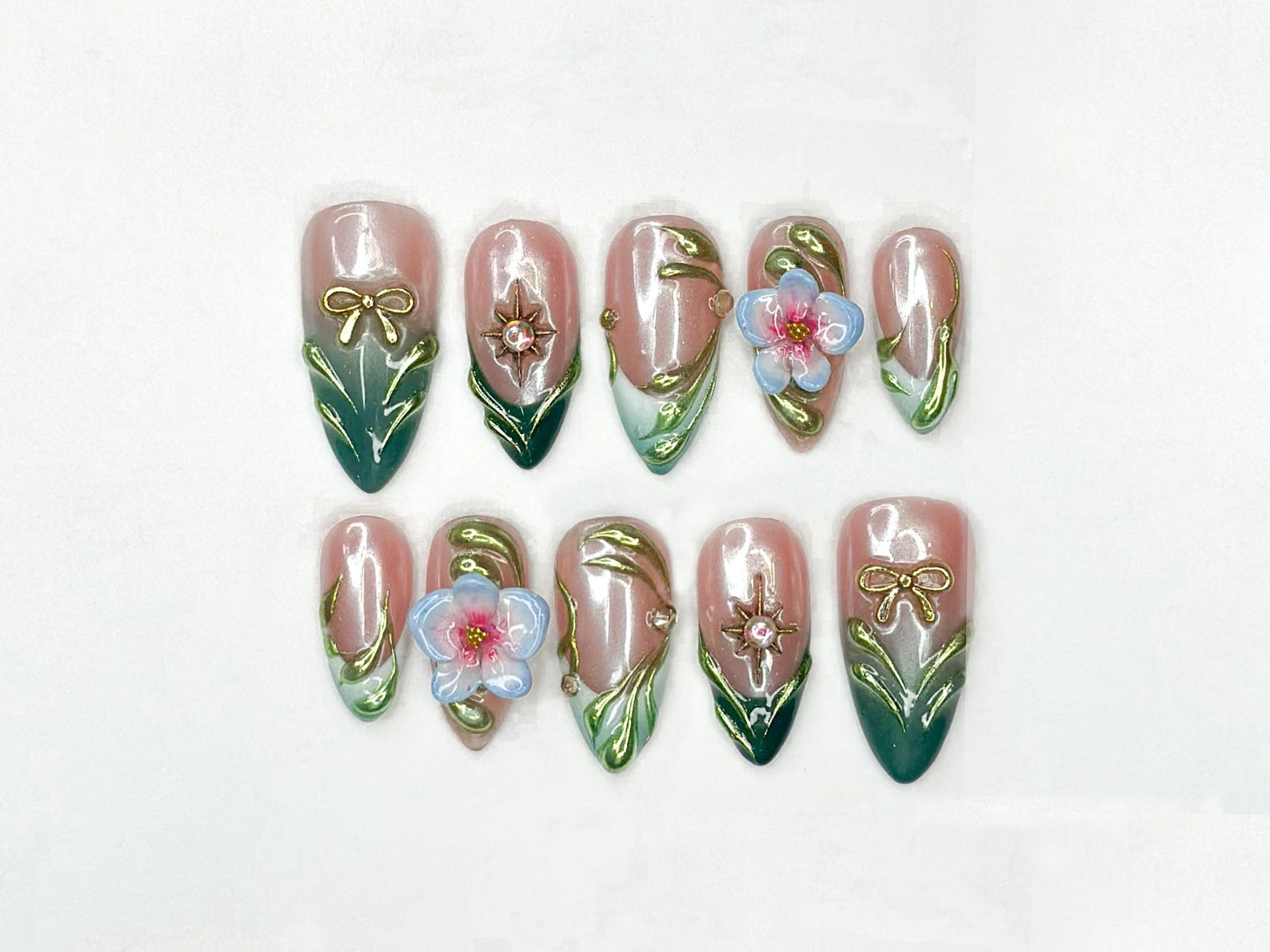 3D Floral Press On Nails | Green Leaf Pink Chrome Nails | Handmade Flower Nail Art | Elegant Spring Nails | Luxury Almond Nails | JC355NC