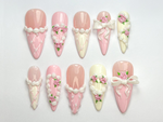 Coquette Pink Ribbon Press On Nails | 3D Blush Vintage Nail Set | Long French Ribbon Nails | Romantic Pink Press On Nails |JB760HC