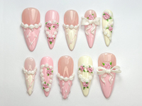 Coquette Pink Ribbon Press On Nails | 3D Blush Vintage Nail Set | Long French Ribbon Nails | Romantic Pink Press On Nails |JB760HC